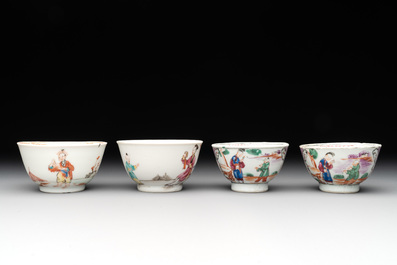 Two Chinese famille rose teapots, four cups and two saucers, Qianlong