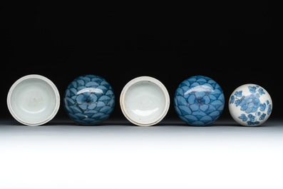 Six Chinese blue and white shipwreck bowls and three covered boxes from the Hatcher and Nanking cargo, Transitional period and Qianlong