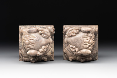 A pair of Chinese grey marble 'lion' seals and a seal, 20th C.