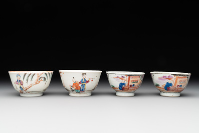 Two Chinese famille rose teapots, four cups and two saucers, Qianlong
