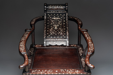 A Chinese mother-of-pearl-inlaid hongmu reclining armchair and retractable footrest, Canton, 19th C.