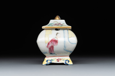 A fine Chinese famille rose covered water pot with figural design on wooden stand, 18th C.
