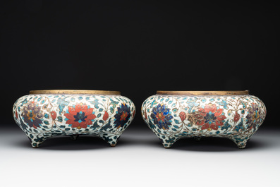 A pair of Chinese cloisonn&eacute; 'lotus scroll' tripod censers, Fang Ming 仿明 mark, Qing