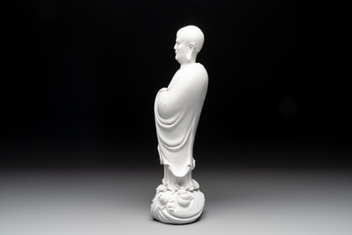 A Chinese Dehua blanc de Chine figure of Dharma, He Chaozong 何朝宗 and Dehua 德化 mark, Republic