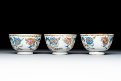 Three Chinese famille rose 'Madame de Pompadour' cups and saucers, Qianlong, ca. 1745