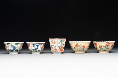 Five Chinese famille verte cups and six saucers, Kangxi