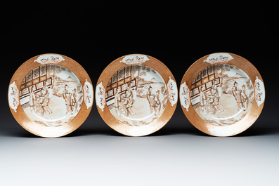 A 28-piece Chinese gilt-decorated sepia 'mandarin subject' service, Jiaqing