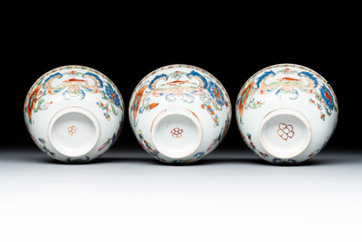Three Chinese famille rose 'Madame de Pompadour' cups and saucers, Qianlong, ca. 1745