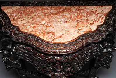 A finely carved Chinese hongmu console table with marble top, Canton, 19th C.