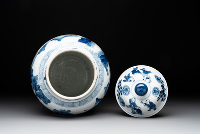A Chinese blue and white 'Mongolian hunt' vase and cover, Kangxi