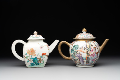 Two Chinese famille rose teapots, four cups and two saucers, Qianlong