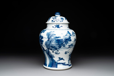 A Chinese blue and white 'Mongolian hunt' vase and cover, Kangxi