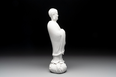 A Chinese Dehua blanc de Chine figure of Dharma, He Chaozong 何朝宗 and Dehua 德化 mark, Republic