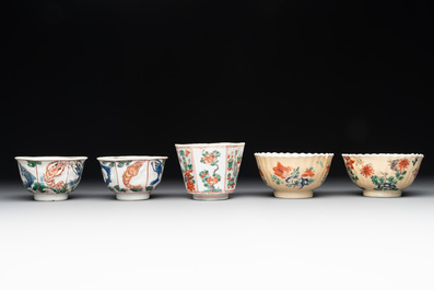 Five Chinese famille verte cups and six saucers, Kangxi