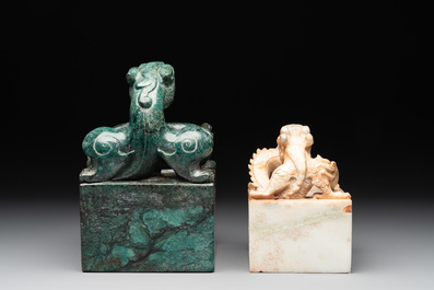 Two Chinese marble 'dragon' seals, 20th C.