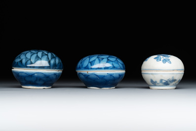 Six Chinese blue and white shipwreck bowls and three covered boxes from the Hatcher and Nanking cargo, Transitional period and Qianlong