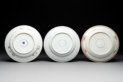 Seven Chinese famille verte, iron-red, blue and white plates, Kangxi