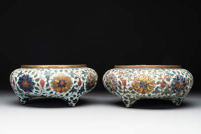 A pair of Chinese cloisonn&eacute; 'lotus scroll' tripod censers, Fang Ming 仿明 mark, Qing