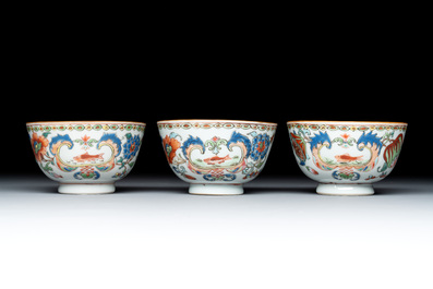 Three Chinese famille rose 'Madame de Pompadour' cups and saucers, Qianlong, ca. 1745