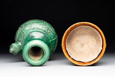 A Chinese monochrome green-glazed kendi and a brown-glazed censer, Qing