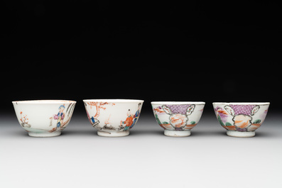 Two Chinese famille rose teapots, four cups and two saucers, Qianlong