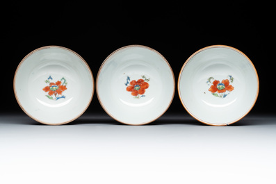 Three Chinese famille rose 'Madame de Pompadour' cups and saucers, Qianlong, ca. 1745
