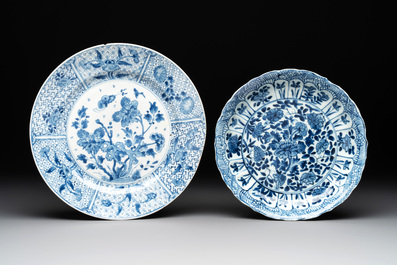 Seven Chinese famille verte, iron-red, blue and white plates, Kangxi