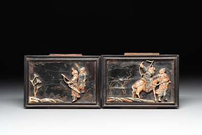 Six Chinese bone-inlaid lacquered wooden furniture panels with hunting scenes, 18/19th C.