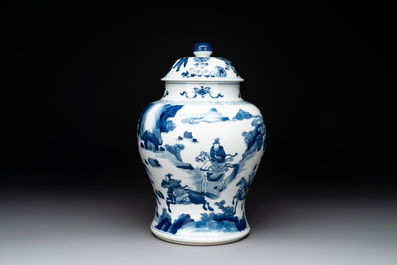 A Chinese blue and white 'Mongolian hunt' vase and cover, Kangxi