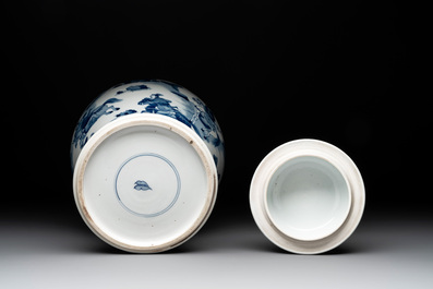 A Chinese blue and white 'Mongolian hunt' vase and cover, Kangxi