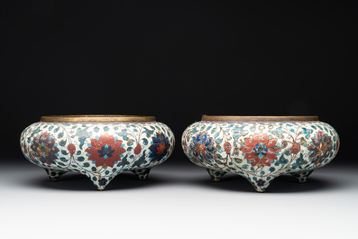 A pair of Chinese cloisonn&eacute; 'lotus scroll' tripod censers, Fang Ming 仿明 mark, Qing