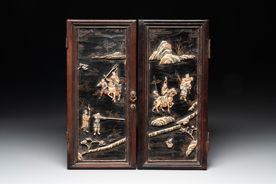 Six Chinese bone-inlaid lacquered wooden furniture panels with hunting scenes, 18/19th C.