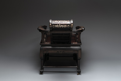 A Chinese mother-of-pearl-inlaid hongmu reclining armchair and retractable footrest, Canton, 19th C.