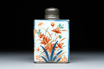 A polychrome Dutch Delft pewter-mounted tea caddy with floral design, 18th C.