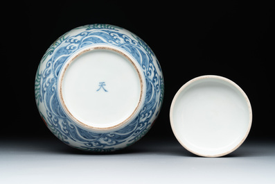A Chinese doucai 'lotus pond with carps' jar and cover, tian 天 mark, 19/20th C.