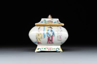 A fine Chinese famille rose covered water pot with figural design on wooden stand, 18th C.
