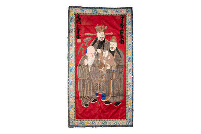 Five Chinese embroidered silk panels with phoenixes, Buddhist lions and Sanxing, 19/20th C.