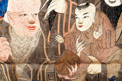 Five Chinese embroidered silk panels with phoenixes, Buddhist lions and Sanxing, 19/20th C.