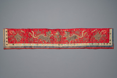Five Chinese embroidered silk panels with phoenixes, Buddhist lions and Sanxing, 19/20th C.