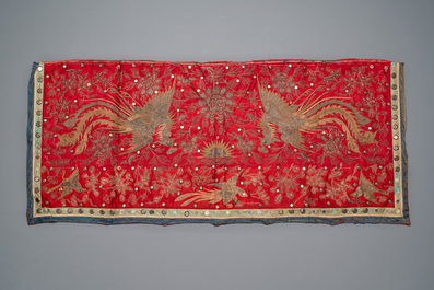 Five Chinese embroidered silk panels with phoenixes, Buddhist lions and Sanxing, 19/20th C.