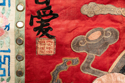 Five Chinese embroidered silk panels with phoenixes, Buddhist lions and Sanxing, 19/20th C.