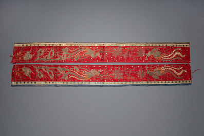 Five Chinese embroidered silk panels with phoenixes, Buddhist lions and Sanxing, 19/20th C.