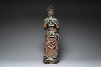 A large Chinese polychromed wooden sculpture of Guanyin, Republic