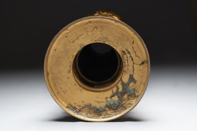 A massive Japanese metal alloy vase on a Chinese hardwood stand with marble top, Kyoto mark, Showa, 20th C.