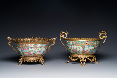 Two Chinese Canton famille rose gilt-bronze-mounted bowls, 19th C.
