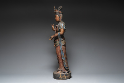 A large Chinese polychromed wooden sculpture of Guanyin, Republic