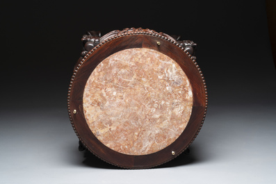 A massive Japanese metal alloy vase on a Chinese hardwood stand with marble top, Kyoto mark, Showa, 20th C.