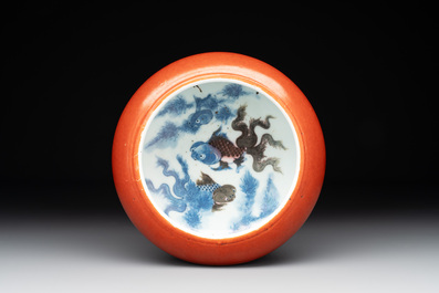 A Chinese coral-red-glazed blue, white and copper-red 'goldfish' brush washer, 20th C.