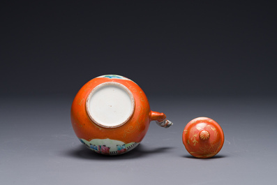 A Chinese famille rose coral-red-ground teapot with 'faux marble' spout and handle, Jiaqing