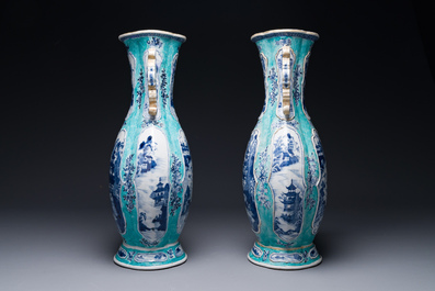 A pair of Chinese turquoise-ground blue and white vases depicting the Whampoa Pagoda and the Pearl River, Qianlong